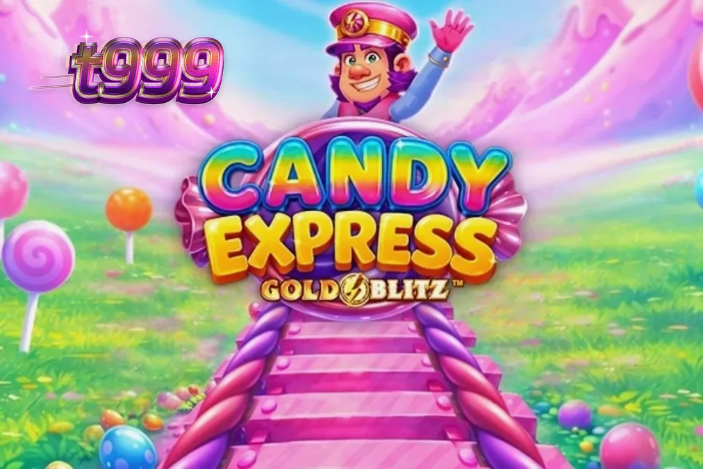 Kereta permen berwarna-warni dalam permainan slot Candy Express Gold Blitz